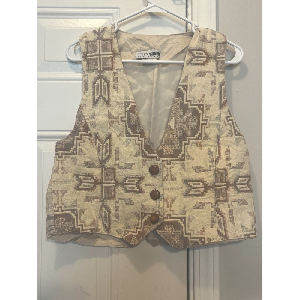 Vtg 90s Blossom Rosen Tapestry Vest Medium M Geometric Woven Cotton Made in USA